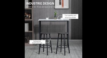 Barset – Barkrukset – Bartoestel – Bartafel – Barmeubel – Wit Marmerlook Tafelblad – Stevig Stalen Frame