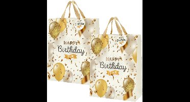 Cepewa verjaardag giftbags/cadeau tasjes - 2x - goud - papier - happy birthday - ballonnen - 17 x 23 x 9 cm