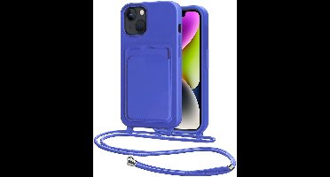 Hoes Geschikt voor iPhone 13 Hoesje Pasjeshouder Cover Met Koord Case Siliconen Hoes Met Telefoonkoord en Kaarthouder - Felblauw