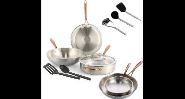 BK Rose Pannenset 7-delig - Koekenpannen 20/28cm - Hapjespan met glazen deksel 28cm - Wokpan 28cm - Zonder antikleeflaag - Pannenset inductie - RVS pannenset - Ovenbestendig tot 200°C - Met spatelset -Zilver