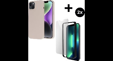 Mobiparts Silicone Cover hoesje geschikt voor Apple iPhone 14 Plus met 2 Screenprotectors van Gehard Glas - Roze/Beige