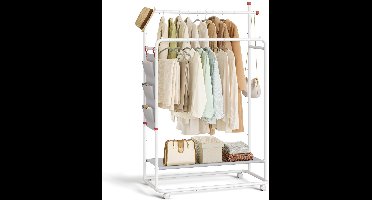 Sierra Kledingrek, HOME Kledingrek op Wielen, Kapstok, 2 Kledingroedes, Opbergplank, Zijorganizer, Match Shape Haken, Stal, Slaapkamer, Hal, Mat Wit HSR171W01