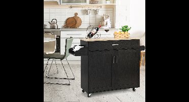 Keukentrolley – Serveerwagen – Keukenkast – Opbergtrolley – Keukenkar – Zwart – Met Handdoekhouder en Kruidenrek – Verstelbare Plank en Lade