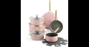 BK Sublime Pannenset 11-delig - 18/20/24/28cm - PFAS-vrije antikleeflaag - Pannenset inductie - Keramische pan - Ovenbestendig tot 220°C - Met glazen deksel - Met pannenbeschermers - Roze