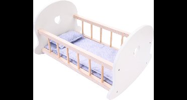 Poppen Schommelbed Grijs/Wit – Houten Poppenbedje met Matrasje, Dekentje & Kussentje – Geschikt voor Alle Poppen – Engelhart