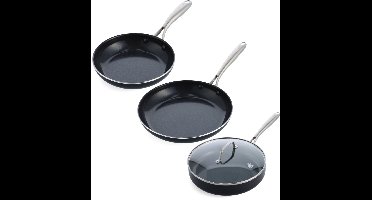 BK Magma Pannenset 3-delig - Koekenpannen 20/28cm - Hapjespan met deksel 28cm/3.6L - PFAS-vrije antikleeflaag - Pannenset inductie - Keramische Pannenset - Ovenbestendig tot 250°C - RVS handgreep - Zwart
