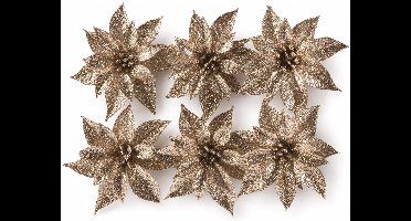 Cosy & Trendy Bloemen op clip - 6x st - champagne - glitter - 8 cm - kerstversiering - kerstbloemen