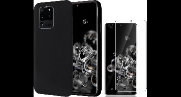 Hoesje geschikt voor Samsung S20 Ultra - Liquid Siliconen Case + Screen Protector - Zwart