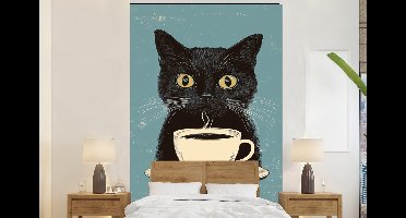 Behang - Fotobehang Kat - Zwart - Koffie - Minimalistisch - Breedte 145 cm x hoogte 220 cm