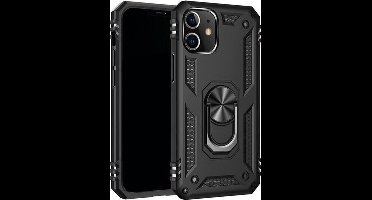 Stevige Magnetische Anti shock ring Geschikt voor Apple iPhone 12 mini back cover case- schokbestendig-TPU met stand Zwart + gratis screenprotector