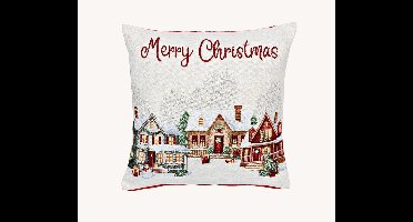Kussenhoes kersthuisjes decor van textiel, beige/rood (B/H) 45x45cm met rits