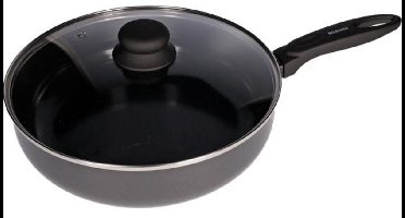 Brabantia Hapjespan met Deksel – 28 cm – Keramisch – Dubbele keramische anti-aanbaklaag op waterbasis – Inclusief glazen deksel – Warmte-indicator – Hittebestendige soft-touch greep – Geschikt voor alle warmtebronnen incl. inductie – PFAS-vrije kwali