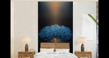 Behang - Fotobehang Boom - Blauw - Bladeren - Penseelstreken - Breedte 120 cm x hoogte 240 cm