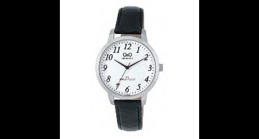 Q&Q C154J314Y - Horloge - Analoog - Heren - Mannen - Leren band - Rond - Staal - Cijfers - Zwart - Zilverkleurig - Wit - 3 ATM