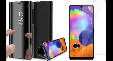 Hoesje geschikt voor Samsung Galaxy A31 - Screen Protector GlassGuard - Book Case Spiegel Zwart & Screenprotector