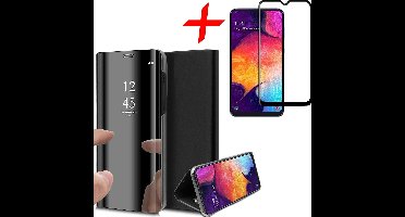 Hoesje geschikt voor Samsung Galaxy A50 - Screen Protector FullGuard - Book Case Spiegel Zwart & Screenprotector