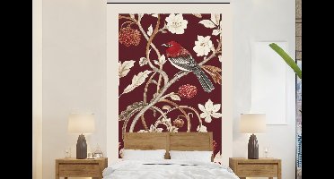 Behang - Fotobehang Vogel - Bordeaux - Bloemen - Bessen - Breedte 145 cm x hoogte 220 cm