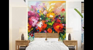 Behang - Fotobehang Bloemen - Kleurrijk - Bloempot - Olieverf - Breedte 160 cm x hoogte 220 cm