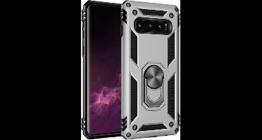 Hoesje Geschikt voor Samsung Galaxy S10 Plus Stevige Magnetische Anti shock ring back cover case/ schokbestendig/TPU met stand kleur Zilver