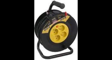 Exin Kabelhaspel 25 Meter - Met Penaarde - Vinylkabel - 4 Stopcontacten - Overbelastingsbeveiliging - Opgerold Max. 1100W - Afgerold Max. 3200W - Alleen Binnengebruik - Zwart/Geel