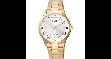 Q&Q C10A-048PY - Horloge - Analoog - Heren - Mannen - stalen band - Rond - Metaal - Romeinse cijfers - Streepjes - Goudkleurig - Zilverkleurig - Wit