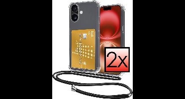 Hoes Geschikt voor Apple iPhone 16 Plus Hoesje Pasjeshouder Cover Met Koord Shock Proof Case Siliconen Hoes Met Telefoonkoord en Kaarthouder - Transparant - 2 PACK