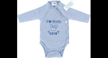 VIB® - Overslag romper 'I'M BEARY CUTE' - dusty blue (0-3 m) - Babykleertjes - romper - rompertjes - rompertjes met tekst - baby cadeau - baby aankondiging - overslagromper