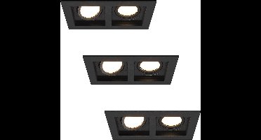 HOFTRONIC - Set van 3 Fresno Dubbele Inbouwspots - Rechthoek - 2x GU10 - 4000K Neutraal wit - 10 Watt 800 lumen - Kantelbaar - IP20 stofdicht- Zwart