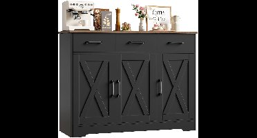 Sierra Dressoir, Dressoir, keukenkast, met 3 laden en 3 deuren, houten opbergkast, voorraadkast, kast voor de keuken, woonkamer, eetkamer, hal, zwart en bruin