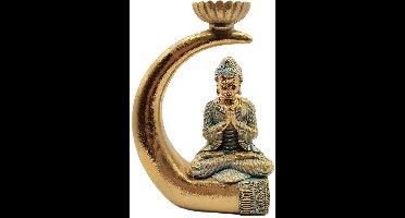 Beeld mediterende Boeddha op Olifant tand - Theelichthouder Boeddha Goud - 25cm.