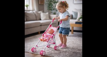 Eddy Toys Poppenwagen Roze Inklapbaar - Kinderwagen voor Poppen met Veiligheidsriem - Speelgoed Poppenwagen voor Meisjes - Poppen Buggy met Dubbele Wielen - 35 x 25 x 55 cm