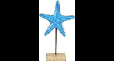 Zeester decoratie op voet maritiem natuurlijk blauw hout H25cm