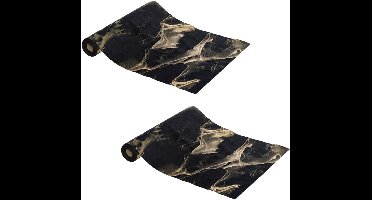 Feeric lights & Christmas Decoratie stof/tafelloper - 2x - zwart - katoen/polyester - 300 x 28 cm - marmer look