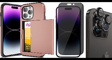 Hoesje met Pasjeshouder geschikt voor iPhone 15 Pro Max - Privacy Screenprotector FullGuard & Camera Lens Screen Protector Zwart - Back Cover SlideCase Roségoud