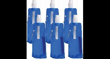Trendoz Waterfles / drinkfles opvouwbaar - 6x - blauw - kunststof - 400 ml - schroefdop - ophanghaak - sport - op reis - ruimtebesparend