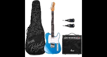 Draadloze elektrische gitaarset - MAX Rebel TE - Met online muziekcursus - Roasted maple hals met 22 frets - Incl. gitaartas en versterker - Metallic blue