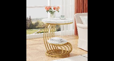 G&G ronde bijzettafel - Bijzettafeltjes woonkamer - Metalen onderstel - Bank - Rond - 50x64cm - Marmer - Wit - Goud - Goudkleurig