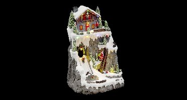 Verlicht dorp met klimmende kerstman, muzikaal en met bewegende onderdelen, 17 LED's