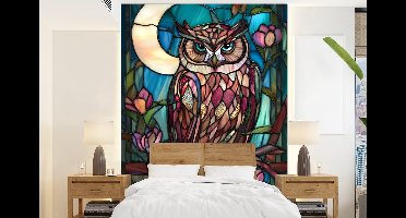 Behang - Fotobehang Uil - Mozaïek - Maan - Nacht - Breedte 160 cm x hoogte 220 cm