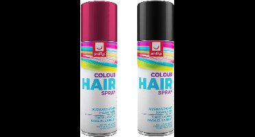 Smiffys Carnaval verkleed hoofdhaar verf/spuitspray - zwart en roze - spuitbussen - 125 ml p/st