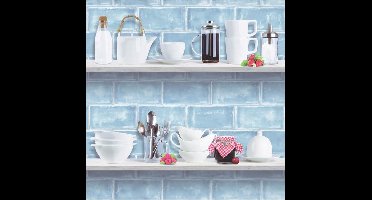 Home planken keukengerei behang (vliesbehang, blauw)