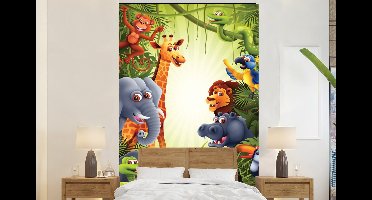 Behang babykamer - Fotobehang Jungle - Jongens - Meiden - Baby - Olifant - Leeuw - Giraf - Breedte 145 cm x hoogte 220 cm