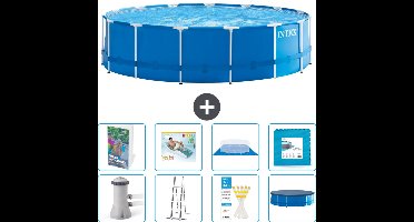 Intex Rond Frame Zwembad - 457 x 122 cm - Blauw - Inclusief Pomp - Ladder - Grondzeil - Afdekzeil - Loungebed - Vloertegels - 9-delig