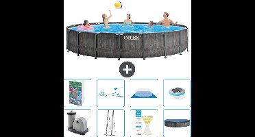 Intex Rond Prism Frame Greywood Zwembad - 549 x 122 cm - Inclusief Pomp - Ladder - Grondzeil - Afdekzeil - Schoonmaakset - Verlichting - 9-delig