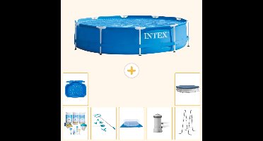 Intex Rond Frame Zwembad - 366 x 76 cm - Blauw - Inclusief Onderhoudspakket - Schoonmaakset - Grondzeil - Zwembadfilterpomp - Voetenbad - Ladder - Afdekzeil - 8-delig