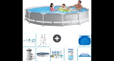 Intex Rond Prism Frame Zwembad - 366 x 76 cm - Grijs - Inclusief Pomp - Afdekzeil - Onderhoudspakket - Filter - Grondzeil - Schoonmaakset - Ladder - Voetenbad - 9-delig