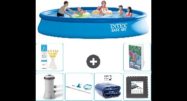 Intex Rond Opblaasbaar Easy Set Zwembad - 457 x 84 cm - Blauw - Inclusief Pomp - Schoonmaakset - Solarzeil - Vloertegels - 7-delig