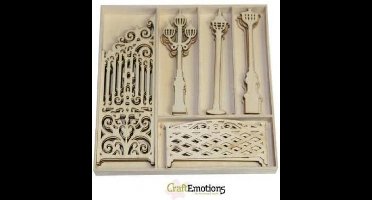 CraftEmotions Houten ornamenten - Sierhek en lantaarns 25 assorti  - box 16.8 x 16.8 cm