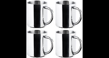HI RVS mokken set van 4x - dubbelwandig - Outdoor/camping drink mokken - 200 ml
