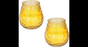 Set van 4x stuks citronella lowboy tuin kaarsen in geel glas - 10 cm - 15 branduren